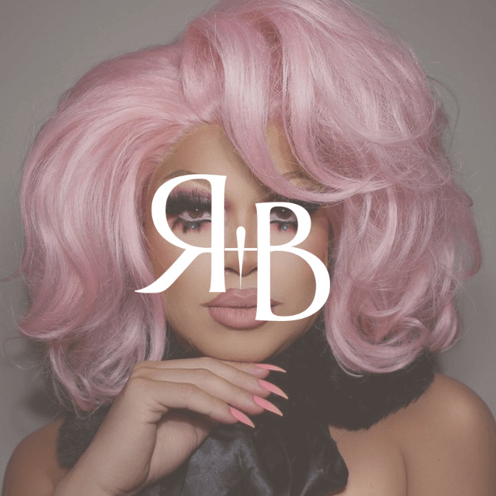 R+B beauty brand identity featuring a pink-haired model and distinctive logo design