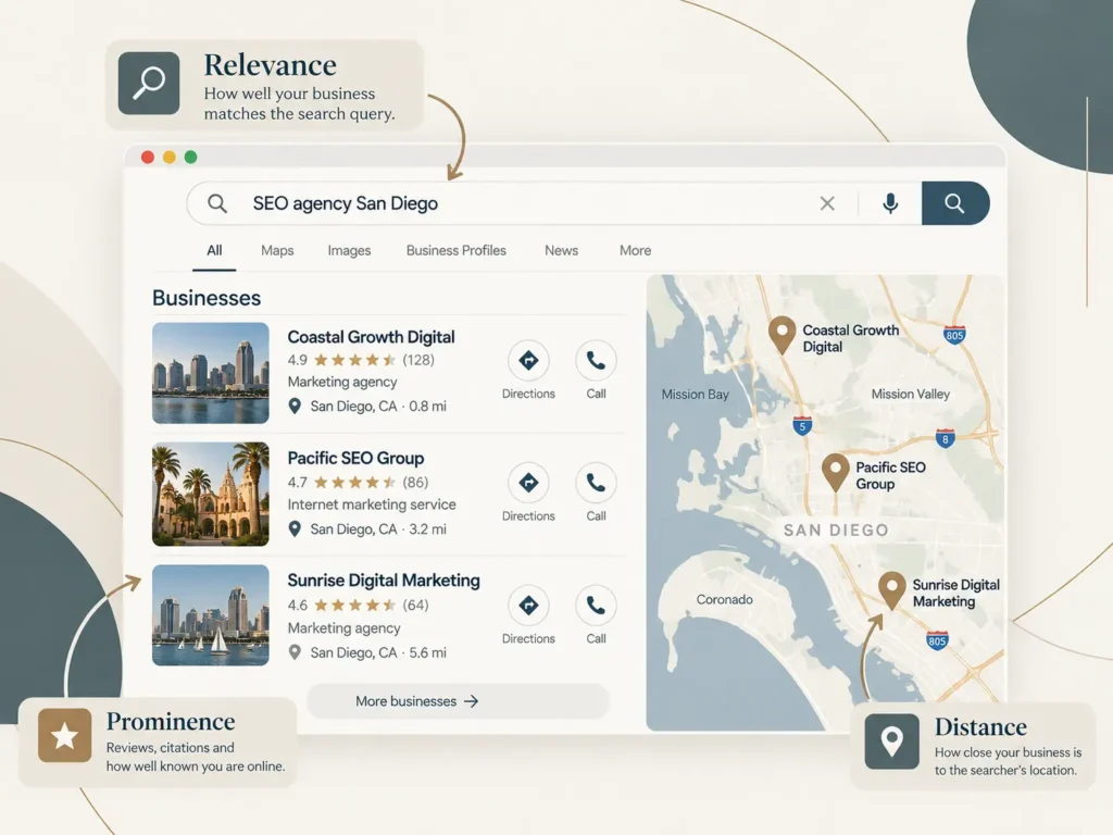 A Google map pack for a San Diego search, annotated to show which signals decide the three businesses that appear
